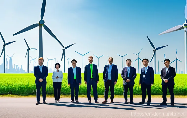 덴마크에서 한국과의 무역 및 경제 관계 - **Prompt Title: "Bilateral Green Synergy: Northern Wind Meets Eastern Tiger"**
    A vibrant, cinema...