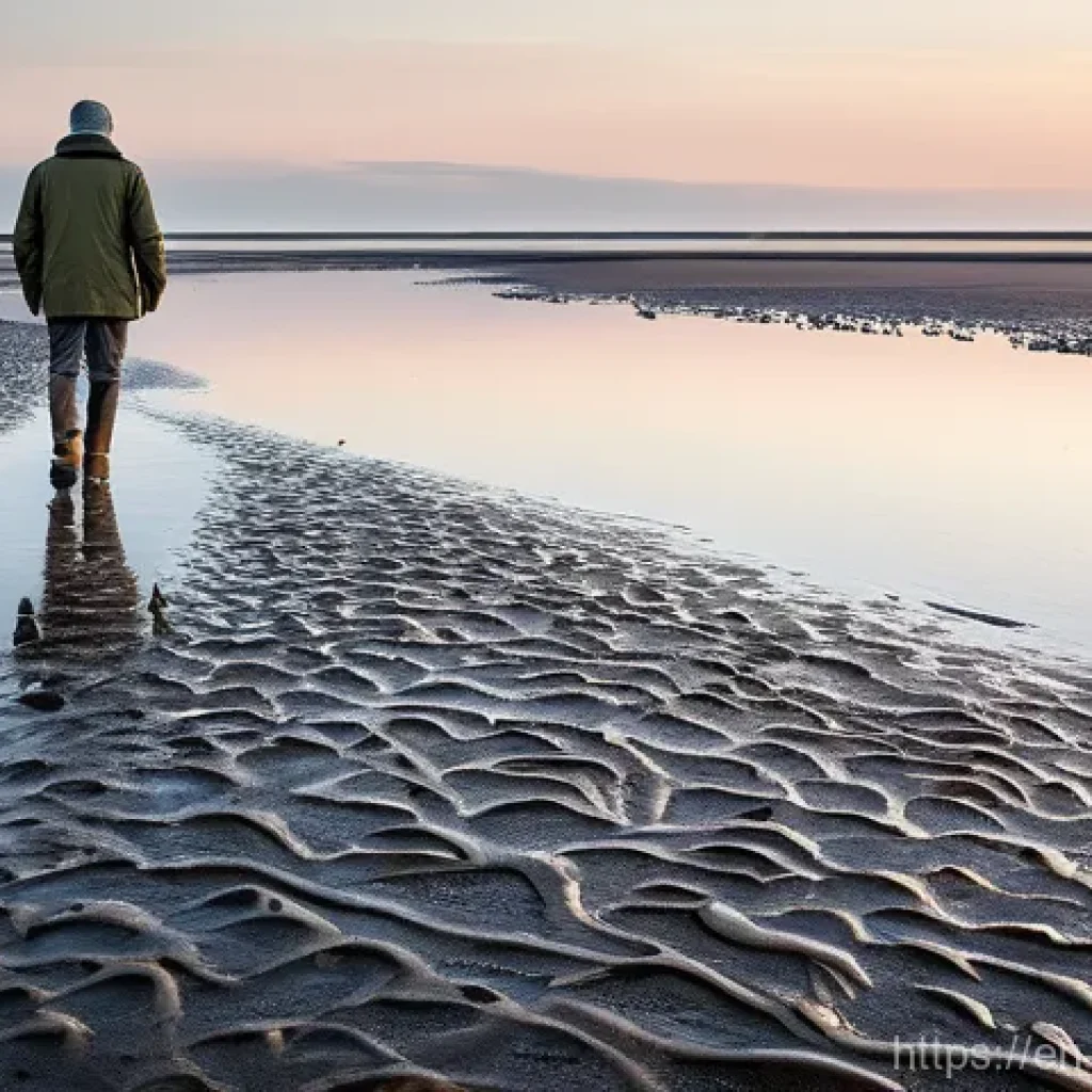 덴마크 바덴해 국립공원 - **Prompt: Serene Wadden Sea Tidal Walk**
    "A wide-angle, realistic photograph depicting a lone ad...
