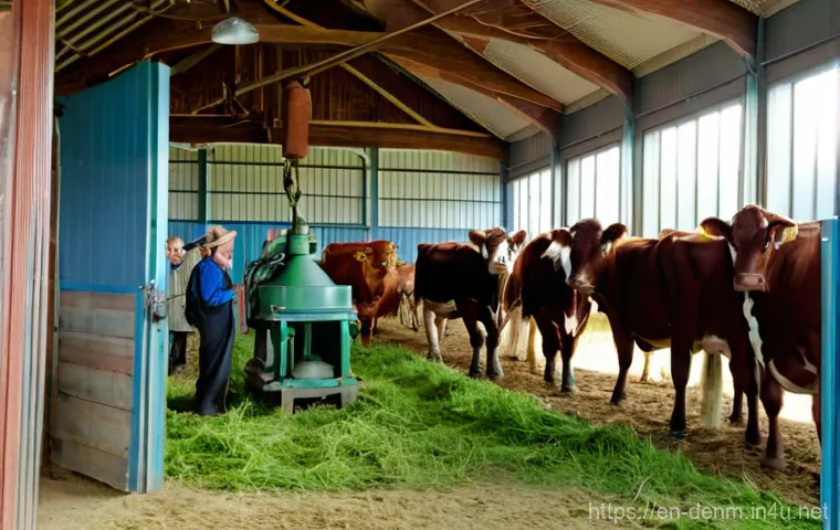 덴마크의 산업 혁명 - **Danish Cooperative Dairy Farm, circa 1900**
    A vibrant, sunlit scene on a large, meticulously c...