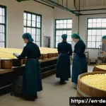 덴마크의 산업화 과정 - **A bustling late 19th-century Danish cooperative dairy factory interior.** The scene is bright and ...