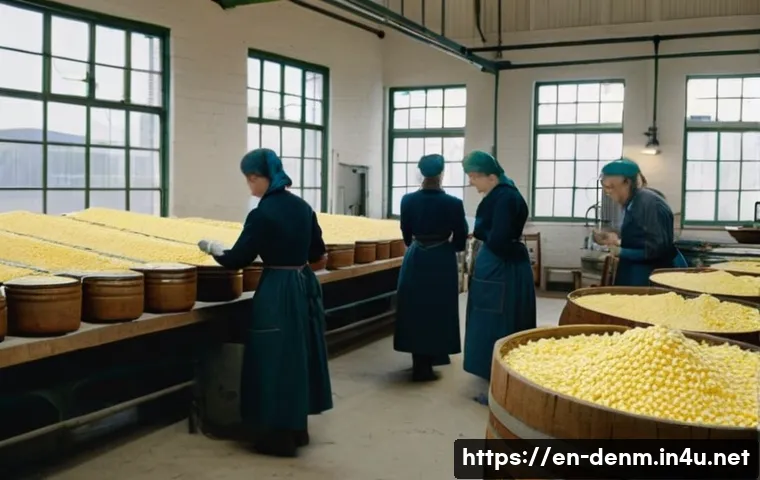덴마크의 산업화 과정 - **A bustling late 19th-century Danish cooperative dairy factory interior.** The scene is bright and ...