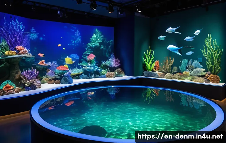 덴마크 오덴세 안데르센 박물관 - A magical museum exhibit room inspired by "The Little Mermaid," featuring shimmering underwater ligh...