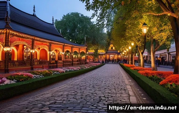 티볼리 공원 관광 정보 - A twilight scene inside Tivoli Gardens showcasing historic 19th-century architecture with intricate ...