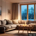덴마크에서 현지인처럼 생활하기 - A cozy Danish living room scene capturing the essence of hygge: soft candlelight illuminating a warm...