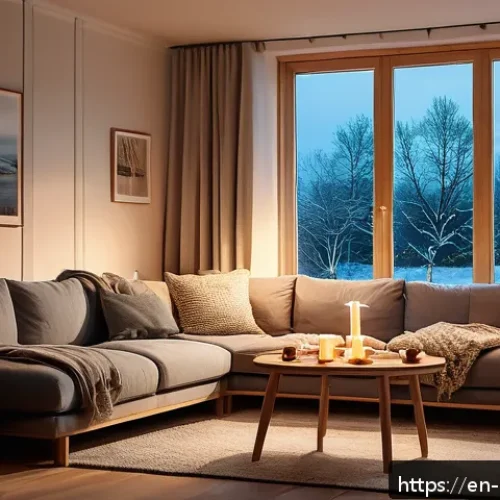 덴마크에서 현지인처럼 생활하기 - A cozy Danish living room scene capturing the essence of hygge: soft candlelight illuminating a warm...