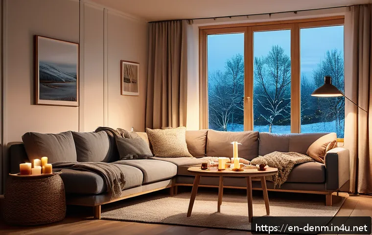 덴마크에서 현지인처럼 생활하기 - A cozy Danish living room scene capturing the essence of hygge: soft candlelight illuminating a warm...
