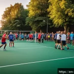 덴마크에서 인기 있는 스포츠 - A vibrant community handball scene in a Danish neighborhood park during sunset, featuring diverse pl...