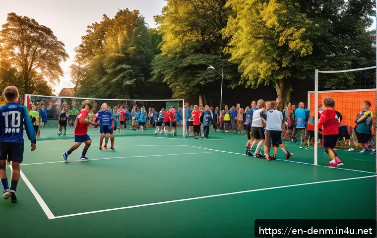 덴마크에서 인기 있는 스포츠 - A vibrant community handball scene in a Danish neighborhood park during sunset, featuring diverse pl...