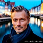덴마크 유명인 소개 - Photorealistic editorial portrait of Danish actor Mads Mikkelsen standing beside Copenhagen’s colorf...