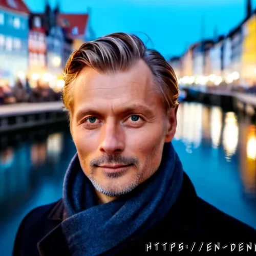 덴마크 유명인 소개 - Photorealistic editorial portrait of Danish actor Mads Mikkelsen standing beside Copenhagen’s colorf...