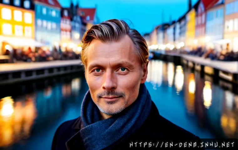 덴마크 유명인 소개 - Photorealistic editorial portrait of Danish actor Mads Mikkelsen standing beside Copenhagen’s colorf...