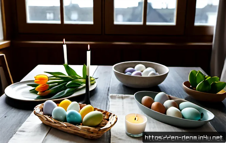 덴마크의 부활절 및 종교 행사 - Photorealistic Danish Easter morning table in a bright Copenhagen home, hand-painted pastel eggs, sp...