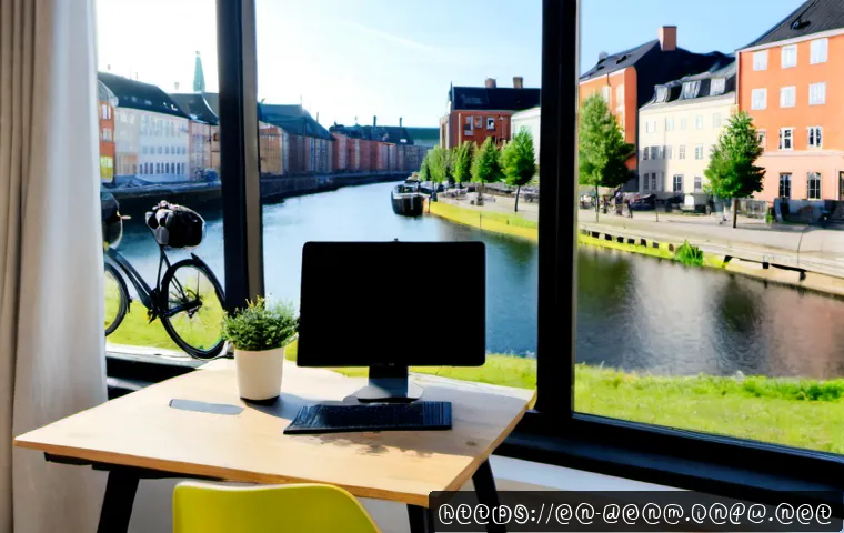 덴마크에서 원격 근무 트렌드 - Photorealistic Copenhagen apartment workspace, Danish remote worker in their early 40s seated at a c...