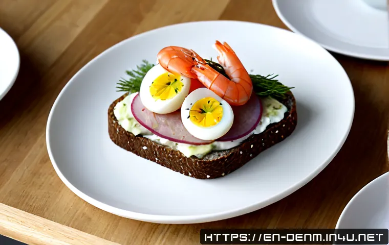 덴마크 대표 음식 스뫼레브뢰드 - Photorealistic overhead food scene of traditional Danish smørrebrød on dark rye bread, neatly arrang...