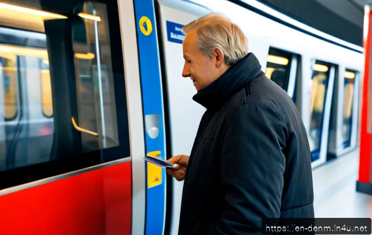 덴마크 대중교통 이용 방법 - Photorealistic Copenhagen public transport scene, a middle-aged traveler tapping a plain contactless...