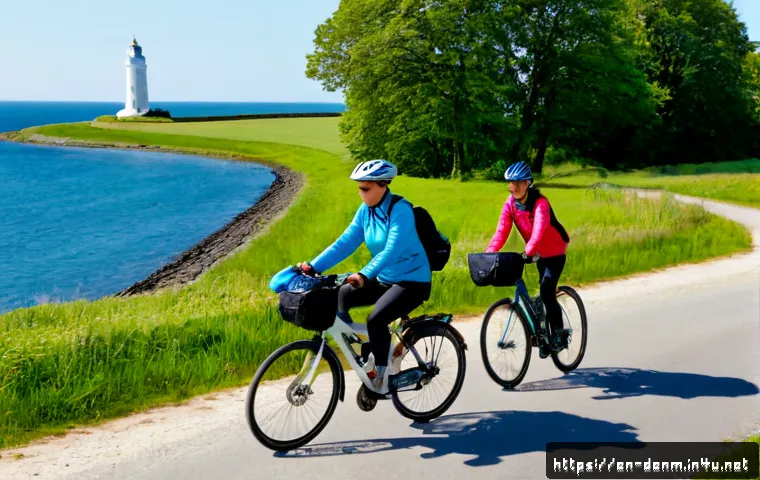 덴마크 자전거 여행 코스 - Photorealistic Danish bicycle touring scene on a quiet coastal cycle route, two adult cyclists in pr...