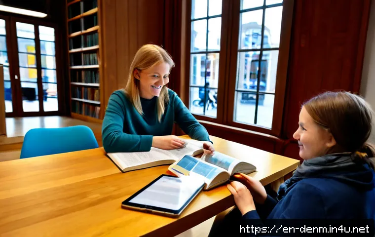 덴마크에서 사용 가능한 언어 - Photorealistic Copenhagen public library scene, a friendly Danish librarian assisting an internation...